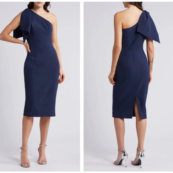 Dress The Population Tiffany One-Shoulder Midi Dress Midnight Blue XXL Bow Event - Picture 1 of 13